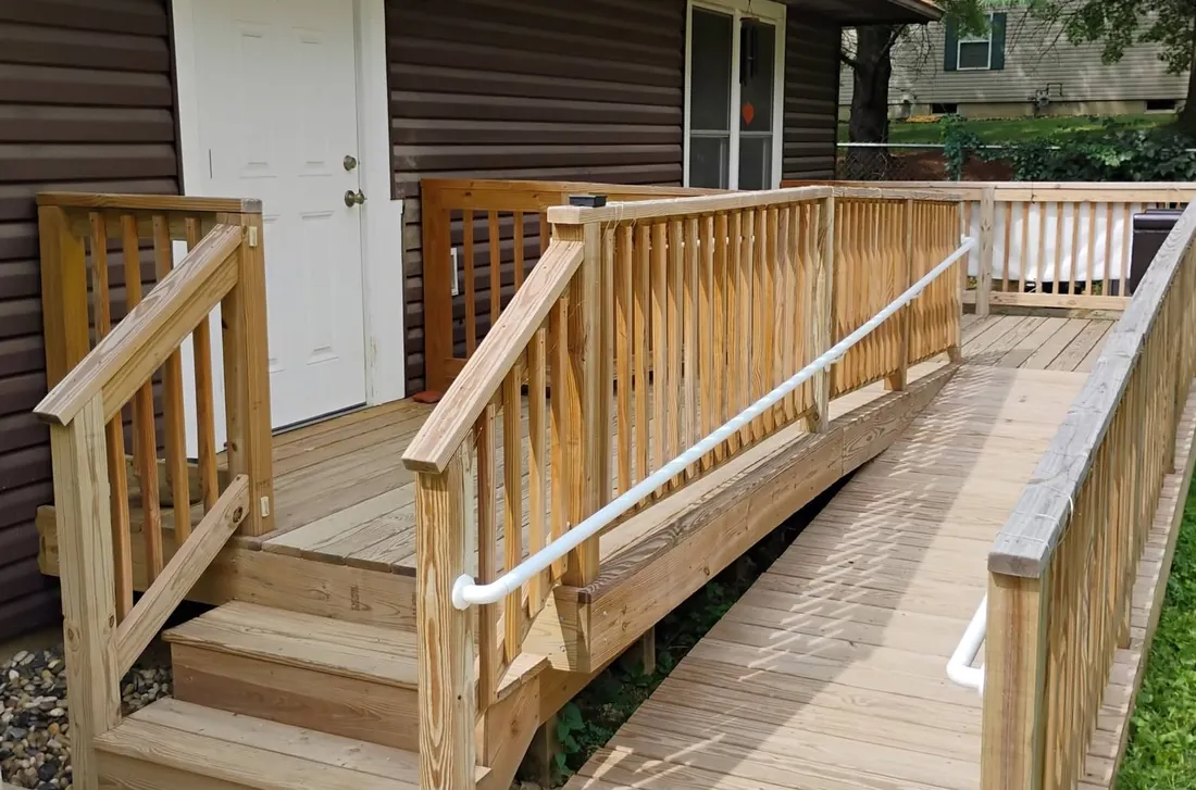 Wood deck and ramp before, raw and weathered